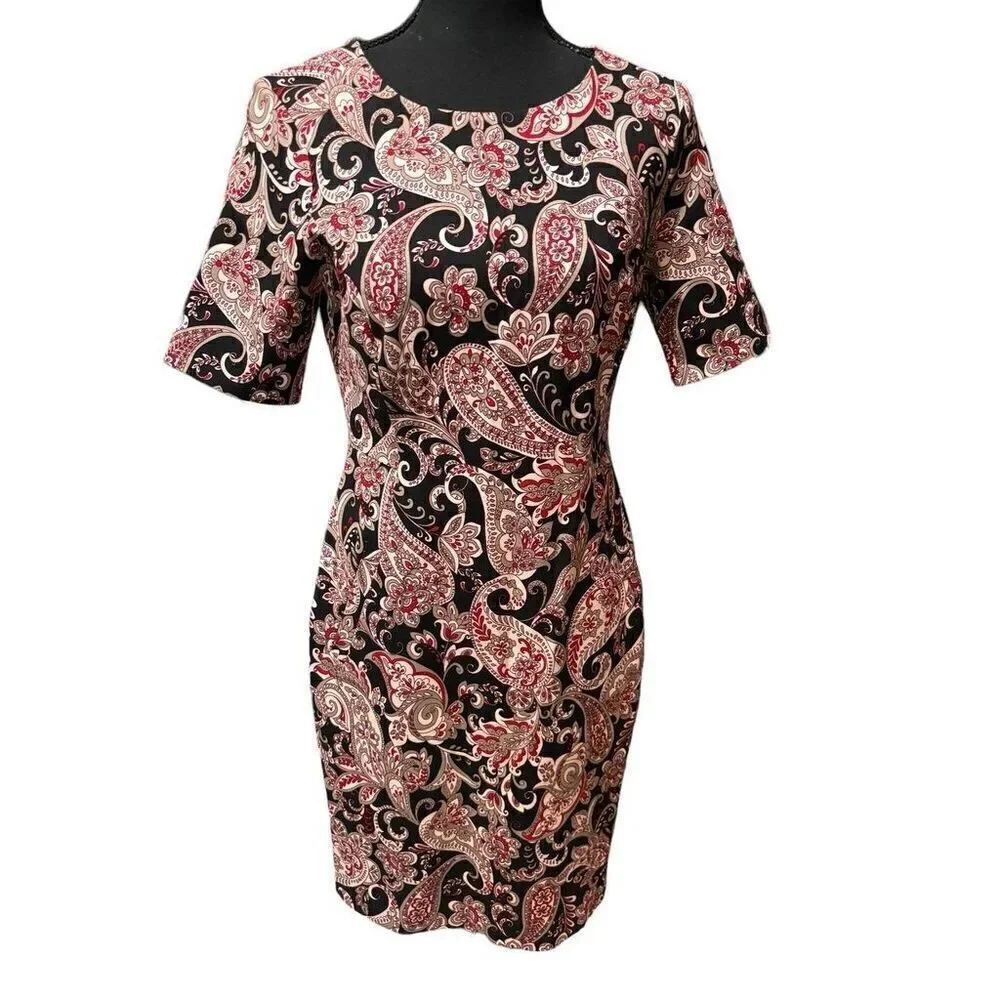 Lands End Womens 4 Short Sleeve Fitted Dress Black Red Paisley Print Knee Length